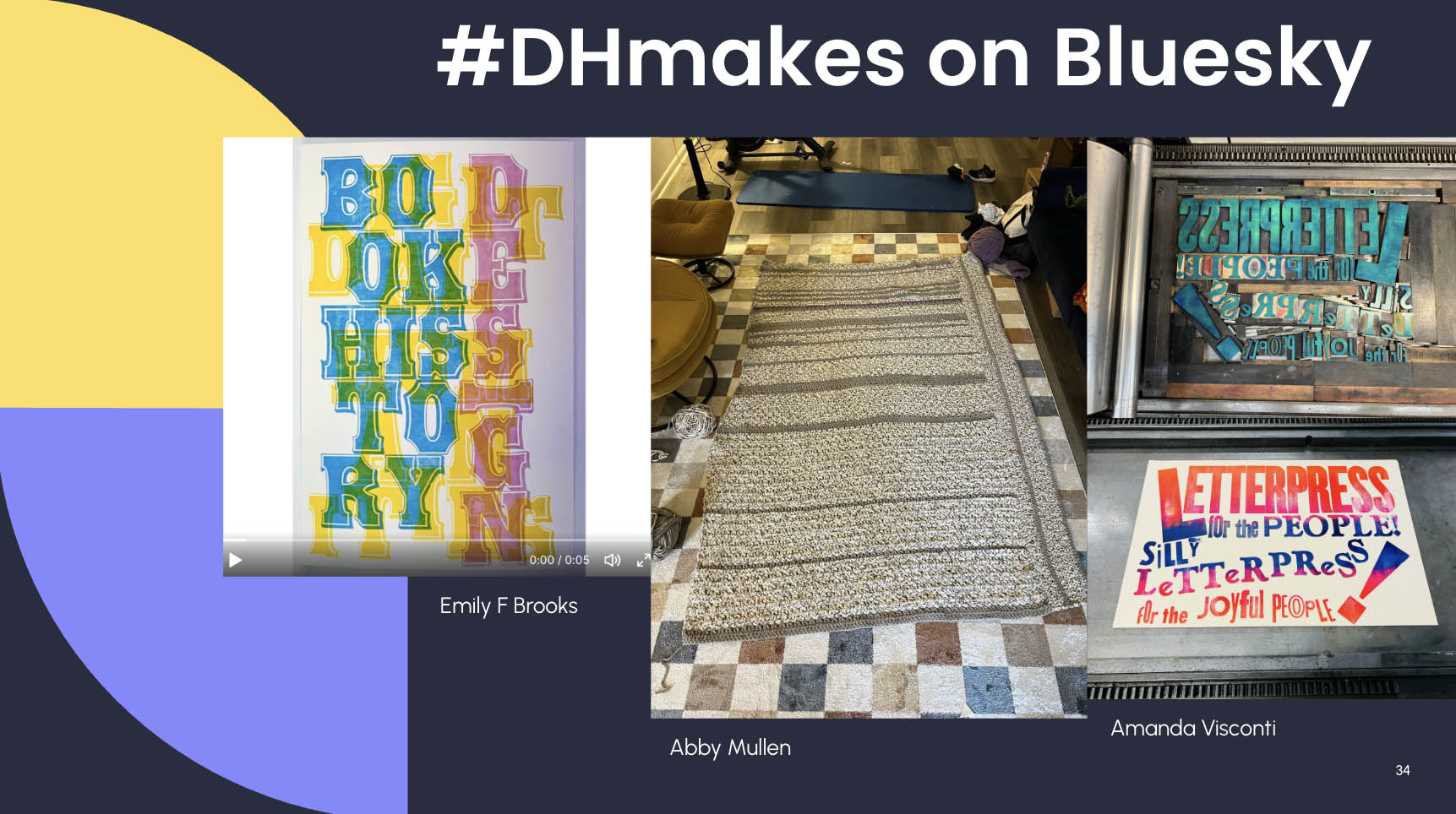 A multicolor letterpress poster, a knitting, and another letterpress print.