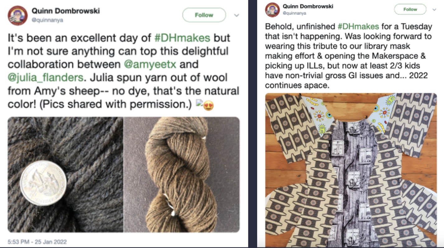 Screenshot of some tweets from Quinn with examples of spinning and sewing