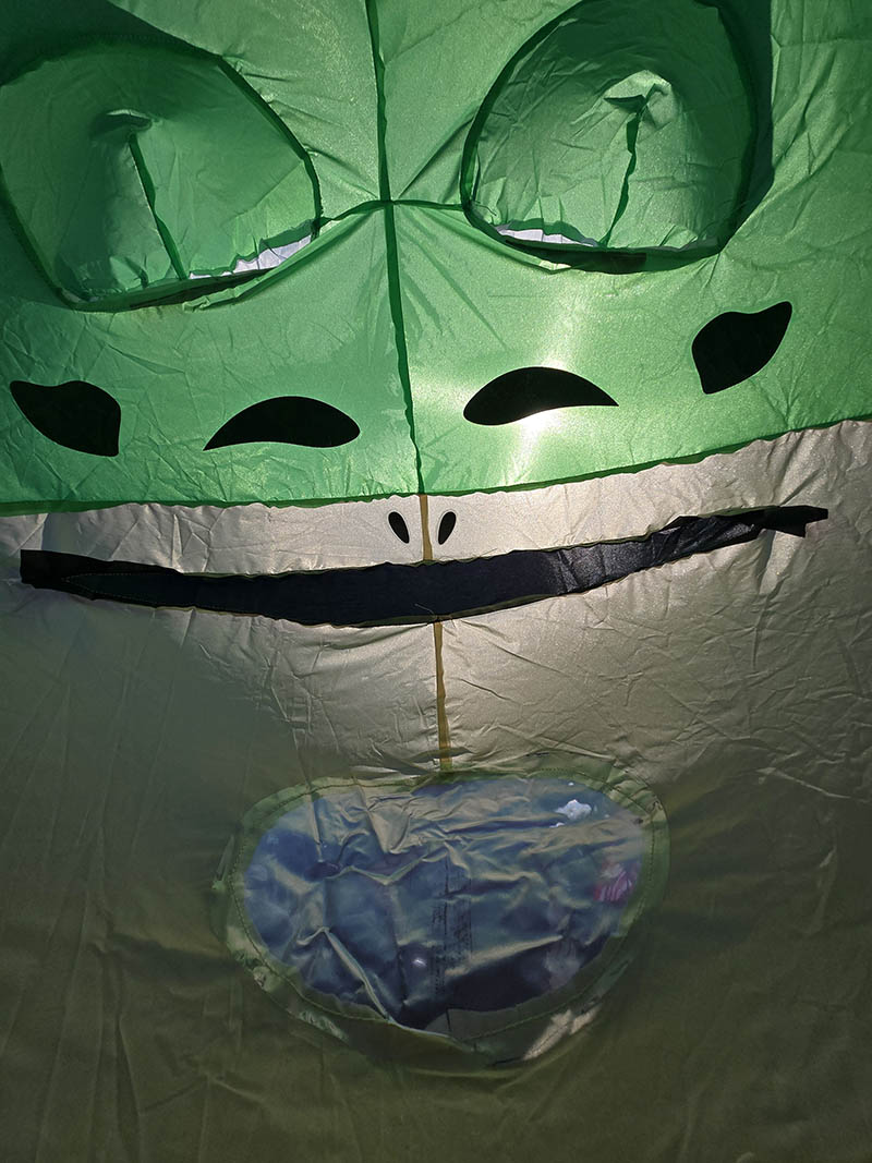 Inside an inflatable frog, looking up