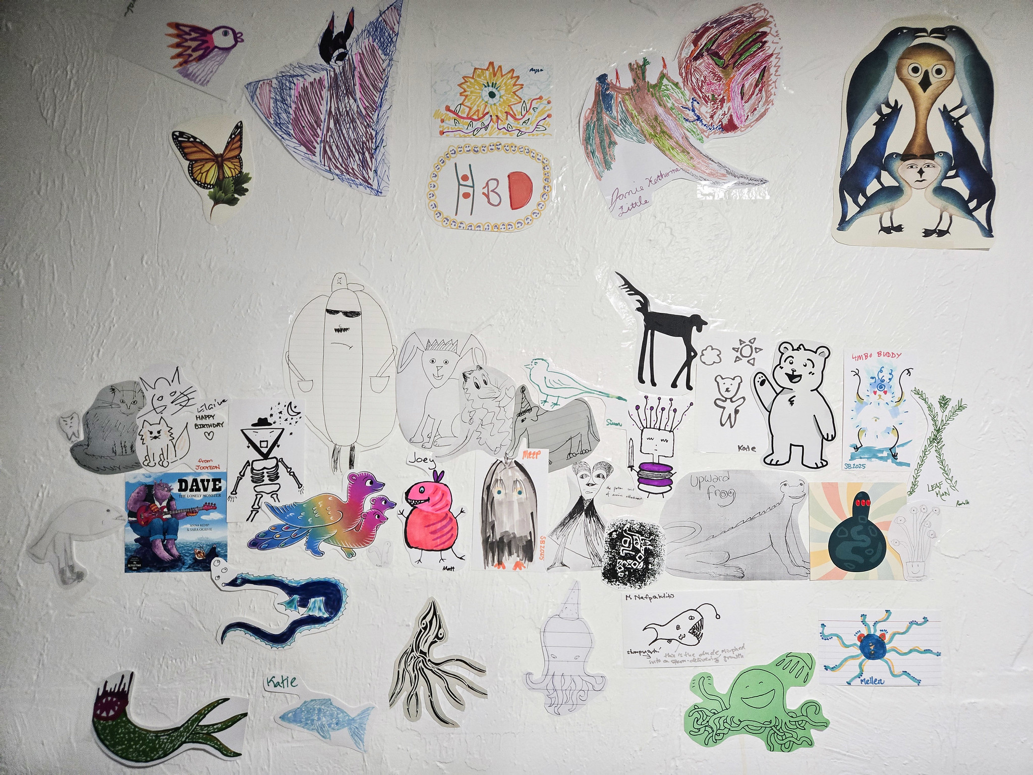Drawings of assorted sea creatures, land creatures, and flying creatures, cut out and taped to the wall