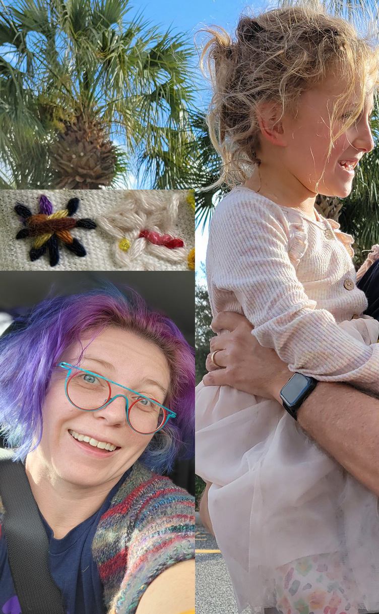 Quinn wearing a blue t-shirt and a dark-color knitted sweater, Eliza in a pink dress, and embroidery representing this